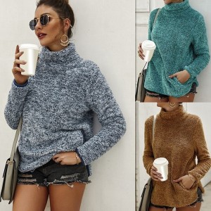 Fashion Women Winter Hoodie Faux Fur Pullover Turtleneck Long Sleeve Pocket Split Hem Solid Color Autumn Plush Sweater