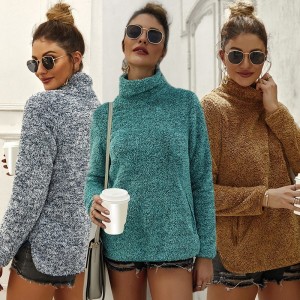 Fashion Women Winter Hoodie Faux Fur Pullover Turtleneck Long Sleeve Pocket Split Hem Solid Color Autumn Plush Sweater