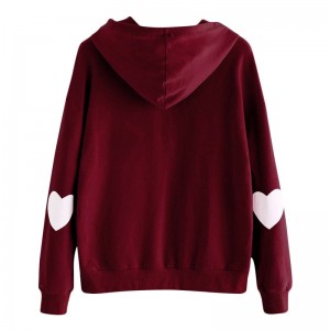 Fashion Women Hoodie Sweatshirts Heart Pattern Long Sleeve Casual Loose Pullover Hooded Tops Pink/Burgundy/Black