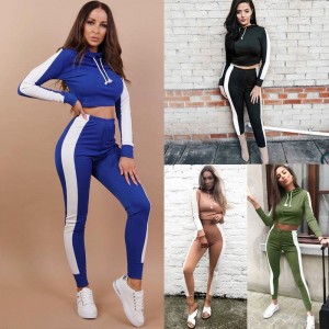 Women Two Piece Tracksuit Striped Long Sleeve Hoodie Sweatshirt Slim Pants Sportswear Fitness Set Suits