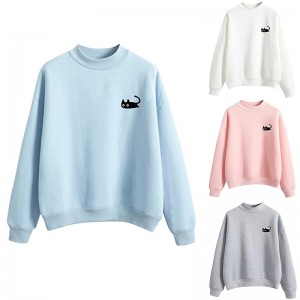 Casual Women Autumn Cat Print Hoodies Solid Color O-neck Long Sleeves Pullover Top Sweatshirt