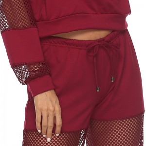 Women Two Piece Tracksuit Solid Long Sleeve Crop Top Mesh Splice Wide Leg Pants Sportswear Suits Burgundy/Black