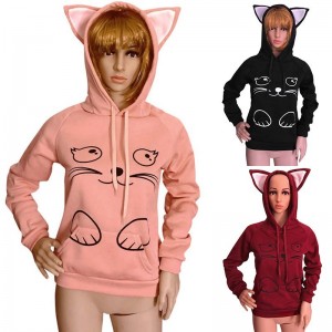 Fashion Women Cute Cat Print Hoodies Kawaii Cat Ear Cartoon Loose Long Sleeve Sweatshirt Pullovers