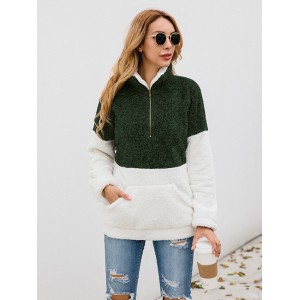 Women Warm Fluffy Sweatshirt Turtleneck Fleeces Contrast Color Pullovers Hoodies Casual Tops Outwear