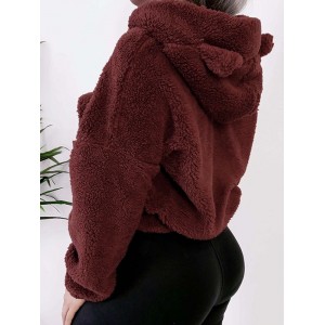 Women Crop Hoodies Hooded Sweatshirt Fleeces Cute Ears Loose Warm Autumn Winter Pullovers Casual Tops Outwear