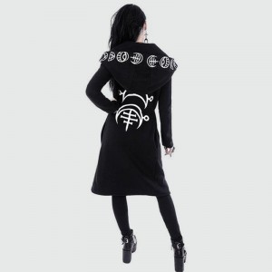 Women Gothic Chic Hooded Sweatshirt Plus Size Cotton Loose Moon Plain Print Punk Hoodie Irregular Cardigan