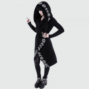 Women Gothic Chic Hooded Sweatshirt Plus Size Cotton Loose Moon Plain Print Punk Hoodie Irregular Cardigan