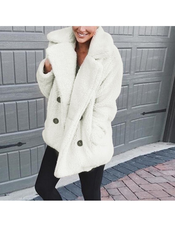 Women Faux Fur Jacket Fuzzy Teddy Bear Notch Lapels Touble Breasted Buttons Pockets Oversized Casual Coat