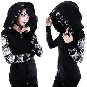 Women Hooded Zipper Pockets Letter Moon Print Gothic Puck Hoodies Casual Pullover Sweatshirt Black