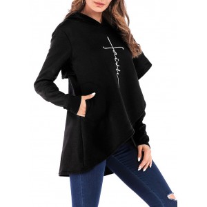 Fashion Women Hoodie Faith Letter Print Asymmetric Casual Loose Coat Pullover Sweatshirts Hooded Tops