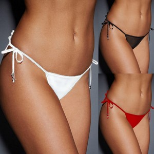 Sexy Women Crochet Lace Lingerie G-String Low Waist Self-Tie Strap Beaded Thong Underwear Black/Red/White
