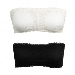 Women Sexy Lace Bandeau Padded Bra Strapless Stretch Boob Tube Top Black/White