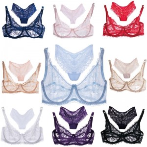New Women Lace Gauze Bra Sets Push Up 3/4 Cup Hook-and- Eye Breathable Ultra-thin bra Lingerie Underwear With Brief