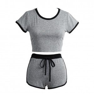 Women Sport Yoga Set Cropped Short Sleeves O-Neck Elastic Drawstring Waist Stretch Fitness Suit 2 Pieces Sportswear Grey