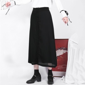 Women High Waist Midi Skirt A-Line Button Down Solid Chiffon Long Skirt