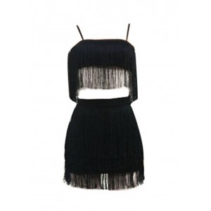 Sexy Women Tassels Two Piece Dress Spaghetti Strap Crop Top High Waist Skirt Fringes Bodycon Club Party Two Pieces Set