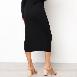 Fashion Women Ribbed Skirt Elastic High Waist Slim Straight Midi Skirt