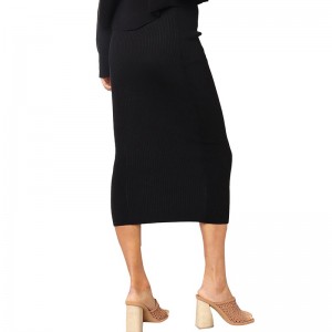 Fashion Women Ribbed Skirt Elastic High Waist Slim Straight Midi Skirt