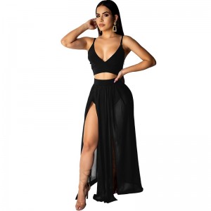 Vintage Women Two Pieces Set Spaghetti Strap Deep V Neck Backless High Waist Sheer Skirt Twin Set Suit