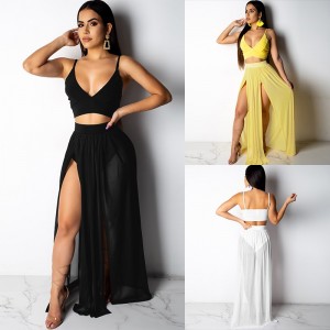Vintage Women Two Pieces Set Spaghetti Strap Deep V Neck Backless High Waist Sheer Skirt Twin Set Suit