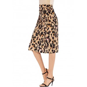 Sexy Women Pencil Skirt Leopard Print Lace Up High Waist Split Bandage Slim Party Club Skirt Coffee