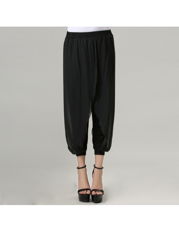 Fashion Women Casual Trousers Chiffon Overlay Elastic Waist Stretch Cuff Capri Bloomers Pants Black