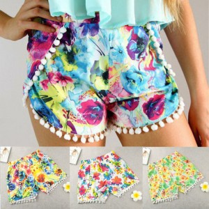 Women Shorts Colorful Floral Print Elastic High Waist Pom Pom Wide Legs Slim Casual Beach Wear