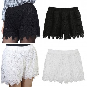 New Fashion Women Lace Shorts Floral Crochet Lace Elastic High Waist Casual Solid Hot Pants White/Black