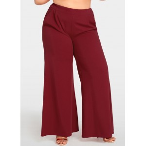 Women Plus Size Wide Leg Pants High Waist Casual Loose Trousers Pockets Solid Flare Pants Burgundy