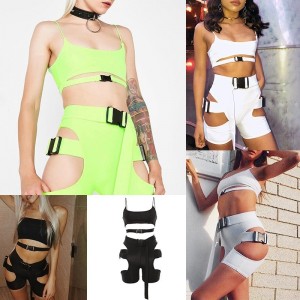Sexy Women Solid Color Two Pieces Set Hollow Out Strapless Crop Camis Buckles High Waist Shorts Two Piece Suit