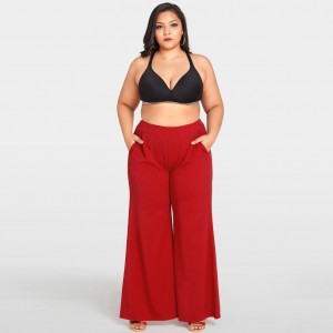 Women Plus Size Wide Leg Pants High Waist Casual Loose Trousers Pockets Solid Flare Pants Red