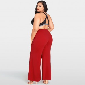 Women Plus Size Wide Leg Pants High Waist Casual Loose Trousers Pockets Solid Flare Pants Red