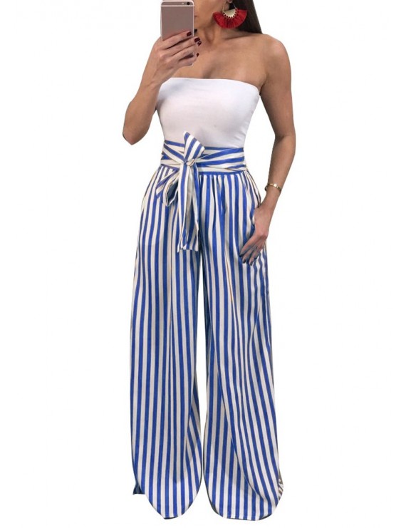 Women Pants Contrast Stripes Print High Waist Straight Wide Legs Bow Tie Casual Trousers Party Wear