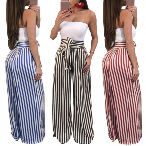 Women Pants Contrast Stripes Print High Waist Straight Wide Legs Bow Tie Casual Trousers Party Wear