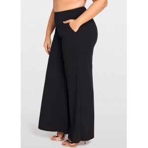 Women Plus Size Wide Leg Pants High Waist Casual Loose Trousers Pockets Solid Flare Pants Black