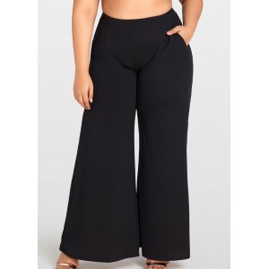 Women Plus Size Wide Leg Pants High Waist Casual Loose Trousers Pockets Solid Flare Pants Black