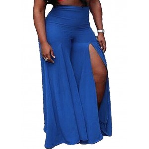 Women Pants Solid Color Side Split High Waist Wide Loose Flared Legs Baggy Casual Trousers Blue