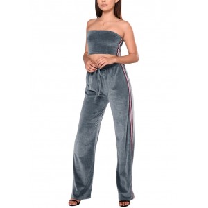 Women Two Pieces Crop Top Pants Off the Shoulder Striped Zip Elastic Waist Casual Trousers