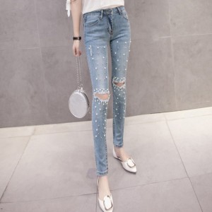 Women Pencil Jeans Washed Denim Beading Ripped Holes Mid Waist Pockets Zipper Distressed Sexy Skinny Pants
