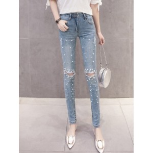 Women Pencil Jeans Washed Denim Beading Ripped Holes Mid Waist Pockets Zipper Distressed Sexy Skinny Pants