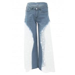 Sexy Women Splice Wide Leg Denim Pants Sheer Mesh Stars Print High Waist Loose Pants Jeans