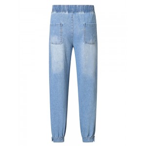 Fashion Women Loose Denim Jeans Pants Split Legs Solid Elastic Waist Pockets Beam Feet Autumn Trousers Blue