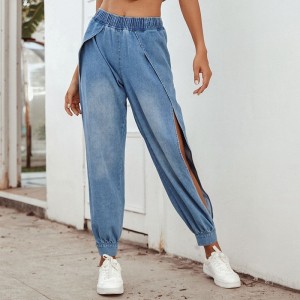 Fashion Women Loose Denim Jeans Pants Split Legs Solid Elastic Waist Pockets Beam Feet Autumn Trousers Blue