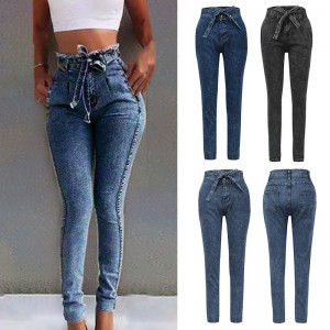Fashion Women Autumn Solid Color Jeans High Waist Sashes Stretch Bodycon Tassel Push Up Plus Size Pants