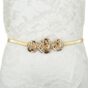 Chic Fashion Women Metal Belt Rose Clasp Front Stretch Spring Waist Strap Elastic Waistband Gold/Silver