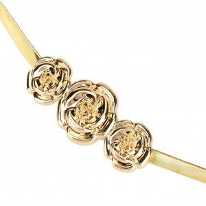 Chic Fashion Women Metal Belt Rose Clasp Front Stretch Spring Waist Strap Elastic Waistband Gold/Silver