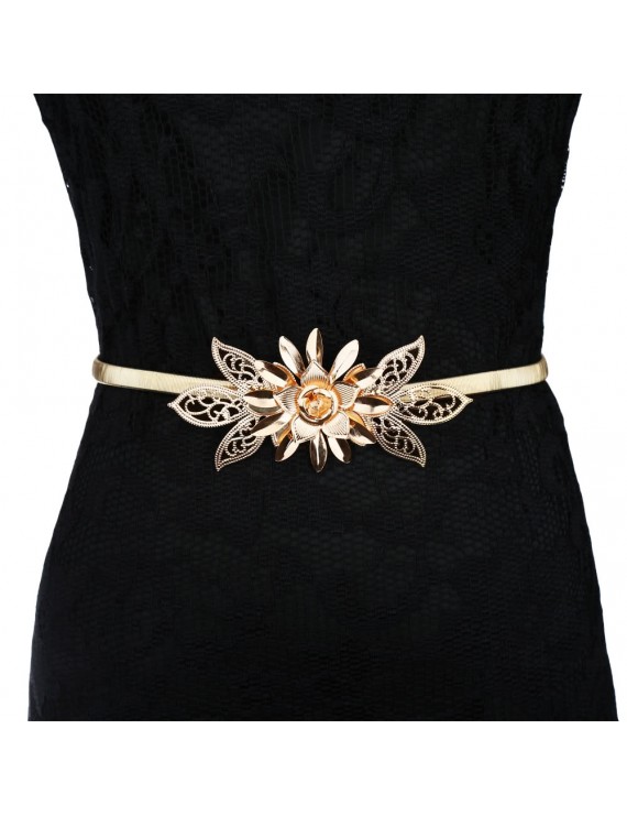Fashion Women Lady Gold Metal Chain Belt Flower Embellishment Elastic Waist Strap Belt All-Match Cummerbund Gold